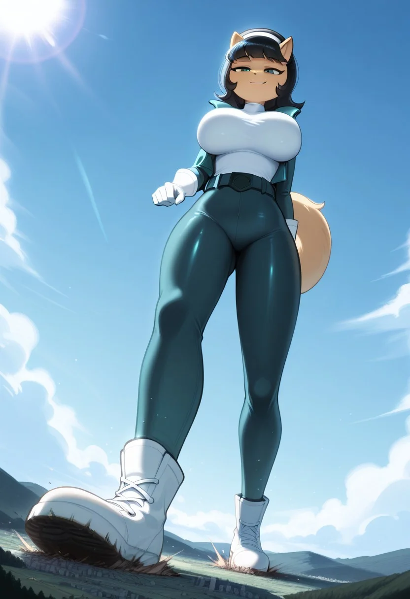 masterpiece, high res, absurdres, 
1girl, solo, lux_lol_wr, female focus, giant, giga size, mega size, 
landscape, cityscape, extremely tiny city, from below, face focus, foreshortening, clouds, impact, smug, sitting, laying,  footwear crushing, destruction, impact, ass destruction, footwear destruction,
blue sky, outdoors, 
1girl, solo,furry female,kittykatswell,green eyes, black hair, bangs, animal ears, tail, hairband, tan body, tan fur, jacket, white shirt, turtleneck, pants, belt, bodysuit, white gloves,full body,body fur,big breasts,
giant girl,
sunlight, volumetric lighting, (backlight:0.7), (dutch angle:0.4), very wide shot, depth, ozone, bokeh, luminescent background,