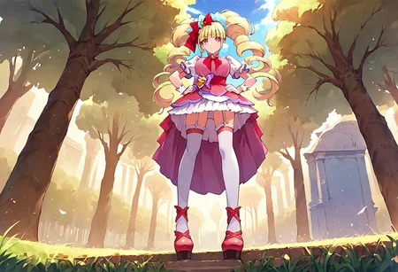 curemacherie, high heels, garter straps, thighhighs, outside,  score_9, score_8_up, score_7_up, ,source_anime, best quality, masterpiece,   , full body view ,collarbone ,  1girl , solo , girl focus, large breasts,  score_9, score_8_up, score_7_up, ,source_anime, best quality, masterpiece, , garter straps , 1girl , solo , girl focus,, full body view, facing viewer, hands on hips, low angle view, from below, standing, outside , day, field,