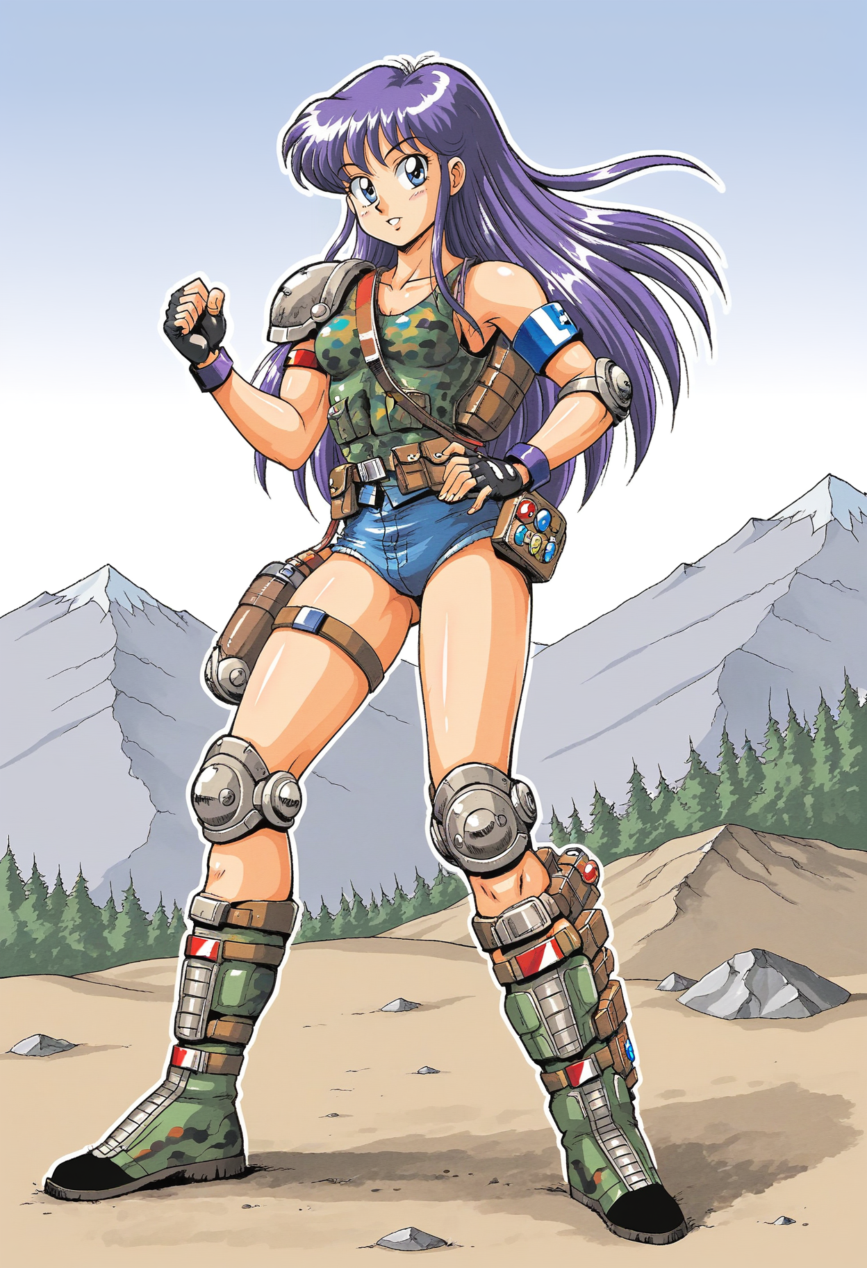1girl,  solo. outdoors, mountain, full body, looking at viewer,  Human_Female1
purple long hair, blue eyes, floating hair
short blue denim shorts, armor, belt, black fingerless gloves, tank top, boots, camouflage, knee pads, armband, elbow pads, green footwear, shoulder armor, holster, pouch,
hand on own hip, retro artstyle, 1980s \(style\)
 <lora:Human_Female1_pony1.1:0.8>