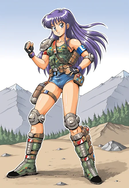1girl, solo. outdoors, mountain, full body, looking at viewer, Human_Female1
purple long hair, blue eyes, floating hair
short blue denim shorts, armor, belt, black fingerless gloves, tank top, boots, camouflage, knee pads, armband, elbow pads, green footwear, shoulder armor, holster, pouch,
hand on own hip, retro artstyle, 1980s \(style\)
<lora:Human_Female1_pony1.1:0.8>