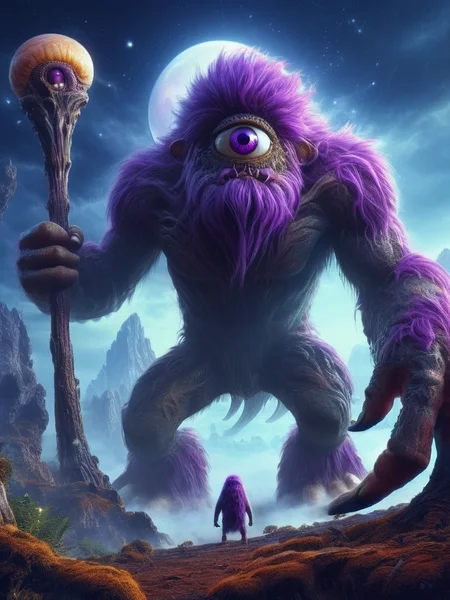 giant monster in alien planet with view over purple galaxy and light reflecting from the surface, digital art, cyclops <lora:cyclops:1>