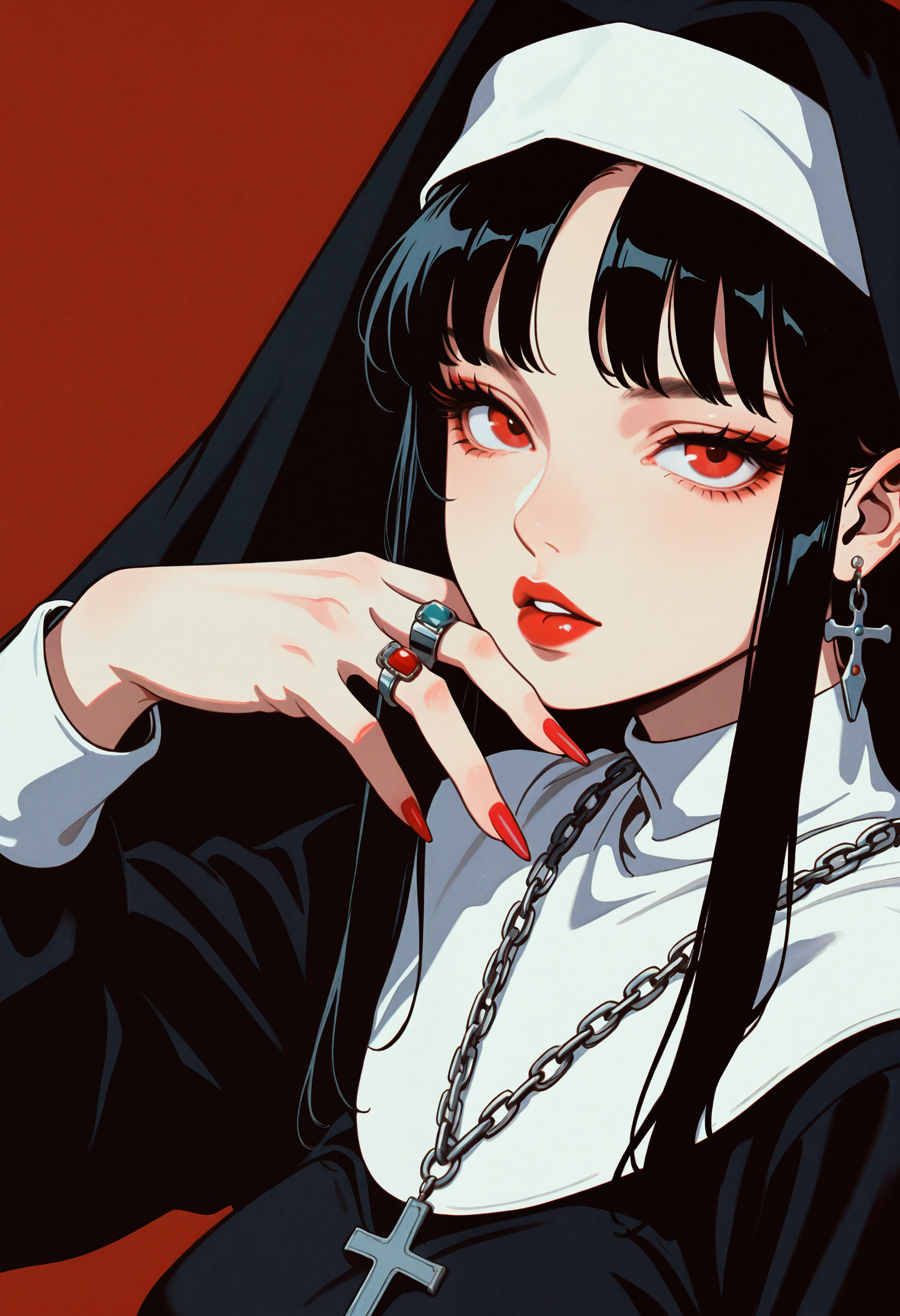 <lora:Retroabn-illustriousXL_v01_V2-CAME-000035>, retro artstyle, 1990s \(style\), film grain, 1girl, jewelry, red eyes, solo, black hair, red background, looking at viewer, red nails, ring, parted lips, long hair, earrings, simple background, necklace, fingernails, nail polish, chain, multiple rings, lips, jacket, chain necklace, long sleeves, nun, upper body, portrait, habit, long fingernails, eyelashes, hand up, coif, red lips, ear piercing, sidelocks