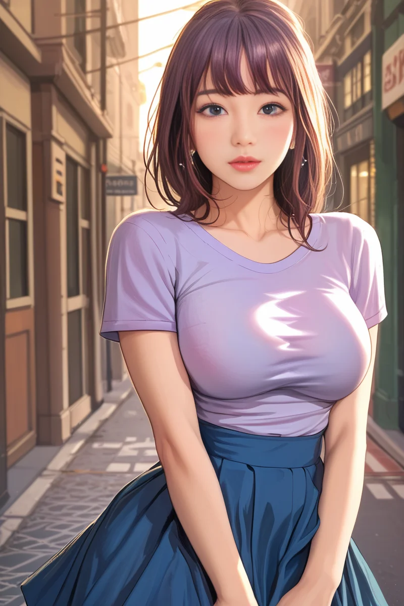 score_9, score_8, score_7, high quality, 1 woman, <lora:HaEunDove:1>, HaEunDove, choppy bangs, perfect eyes, large breasts, natural beauty, sexy body, short sleeved blouse, skirt, looking at viewer, city street, late at night, realistic, high quality face, zPDXL2