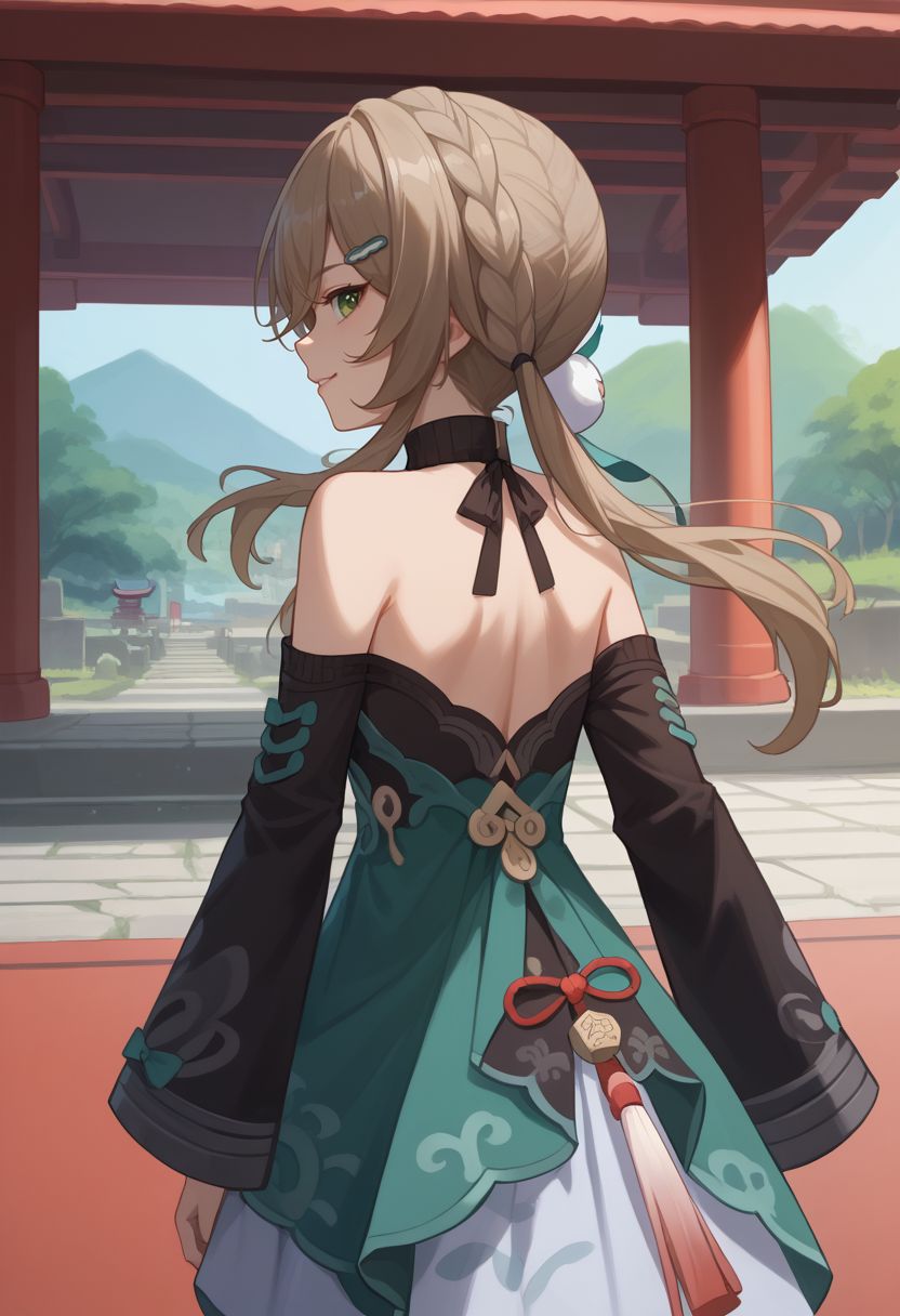 score_9, score_8_up, score_7_up, source_anime, 1girl, qingquedef, green eyes, brown hair, long hair, twintails, braid, hair ornament, hairclip, small breasts, bare shoulders, shoulder cutout, clothing cutout, turtleneck, dress, long sleeves, skirt, tassel, standing, smile, looking at viewer, indoors, shrine, close-up, facing viewer, hands on hips, upper body, from behind, looking back, <lora:Qingque_v1-000010:1>