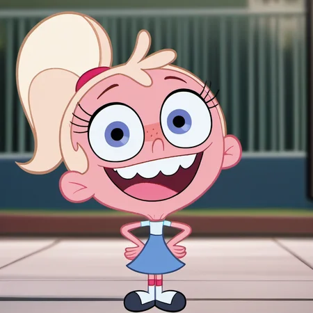 score_9, 1girl, solo, stl1, official art, official  style, looking at viewer, pink skin, open smile, big head, small body, teeth, dress, freckles, buck teeth, full body, socks, ponytail, blonde hair, hands on hips, blurry background, parody, <lora:stl1:1>,
