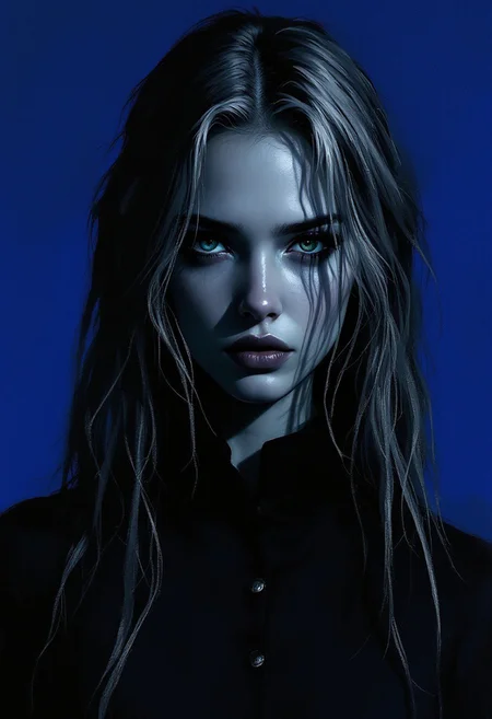 A dark, moody portrait of a college girl with long gray hair, wearing a high-collared outfit. The background is a solid, intense blue, contrasting with her dark attire. Her expression is serious and intense, with shadows partially covering her face, creating a mysterious and brooding atmosphere. Use a painterly, expressive style with loose, textured brushstrokes, capturing raw emotion and a sketch-like quality. Emphasize dramatic lighting and shadow to create depth and a sense of intensity. Symmetrical face. ((Huge breasts.)) Pale blue eyes.