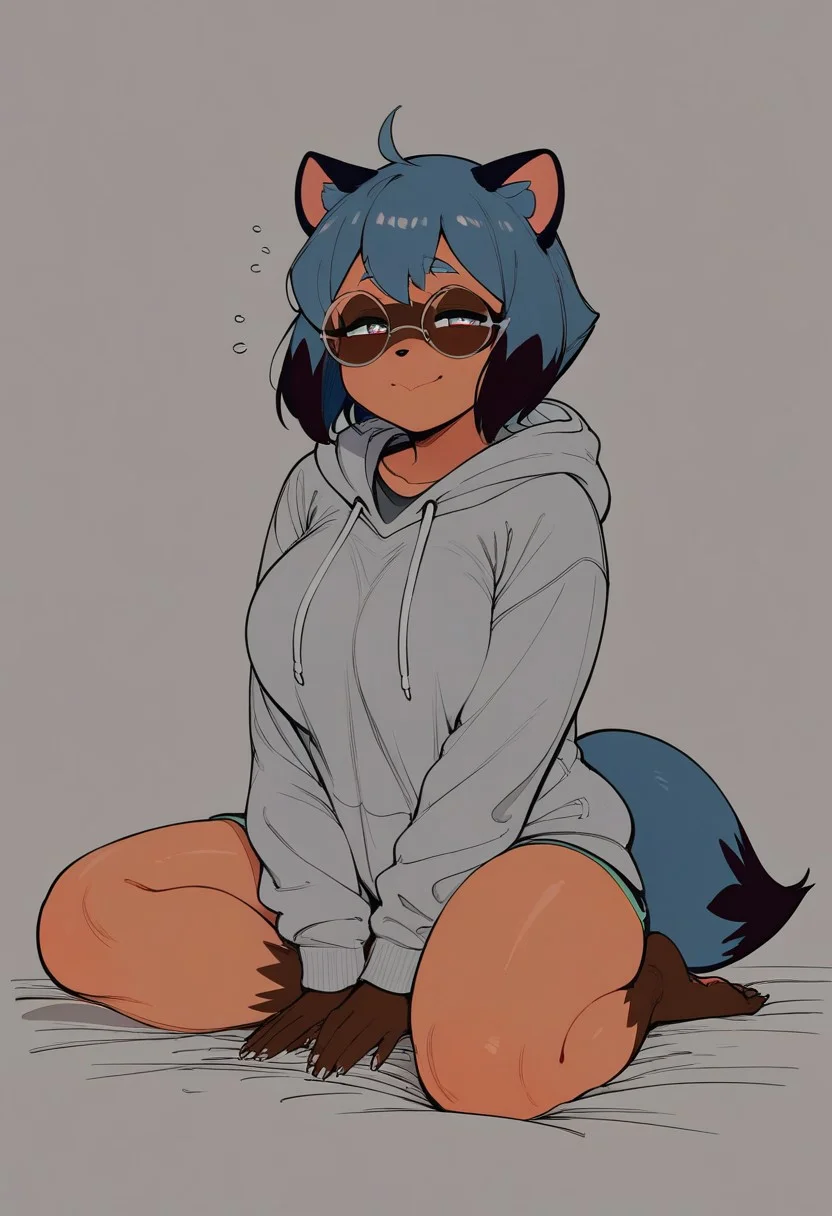 score_9, score_8_up, score_8_up, 1girl, solo, super detailed, super high resolution, fFaceDetail, sexy, cute girl, michiru kagemori, short hair, black hair, animal ears, blue hair, multicolored hair, furry, furry female, raccoon ears, body fur, raccoon girl, raccoon tail, tail, shirt, jacket, mature female , large breasts, hoodie, oversized hoodie covering hips, hoodie too big, 4 sizes bigger hoodie, no bra under clothes, oversized hoodie, cute smile, (half closed eyes:1.2), round glasses, (sleepy:1.1), tired, yawning, covering mouth with hand, looking at viewer, modern bedroom background, at night, full body portrait, plump, chubby female, thick thighs, from front, Light,