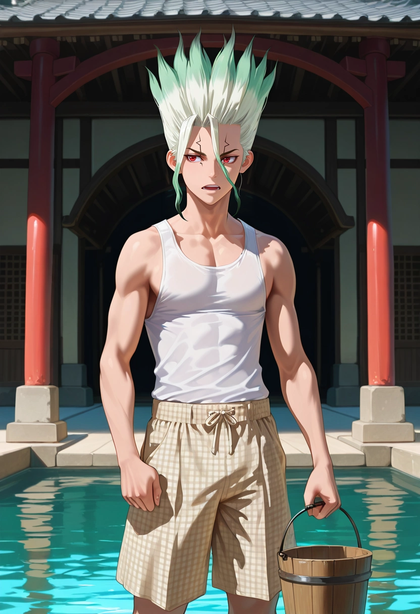masterpiece, best quality, , (photorealistic:0.6), , 1boy, solo, male focus, <lora:senkuu_ishigami_ilxl:0.94>, senkuu_ishigami, green hair, red eyes, multicolored hair, two-tone hair, white hair, facial mark, rule of thirds, pond, arch, japanese architecture, noon, holding object, speaking, talking, Moire Silver Gingham Pleated khaki shorts, Tank top, , Bucket hat with a neck flap,