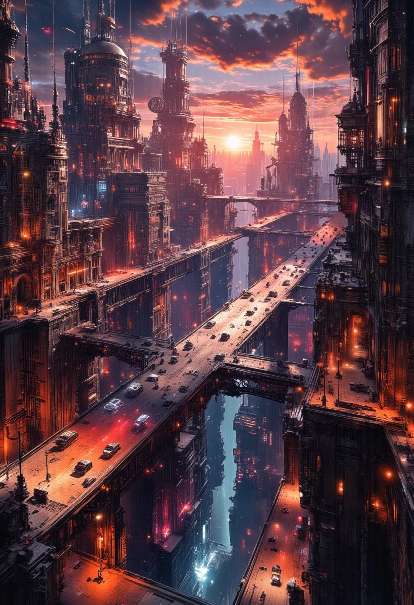nttw style, mythp0rt, sci-fi futuristic superhighway running through an urban eastern sci-fi metropolis, towers, domes, skyscrapers, sunset, vivid surreal neon colours, neon lights and signs, bokeh