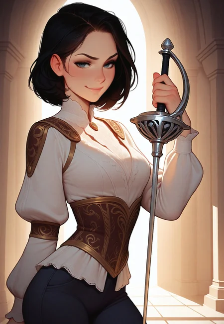 masterpiece, best quality, amazing quality, very aesthetic
Artist : Tsuaii, Artist : Incase, flat colors,
1girl, fiora, (league of legends:1), black hair, short hair,
rapier, renaissance outfit, dark blue pants, white shirt,
looking at viewer, smirk,
(neutral white background), dynamic lighting,