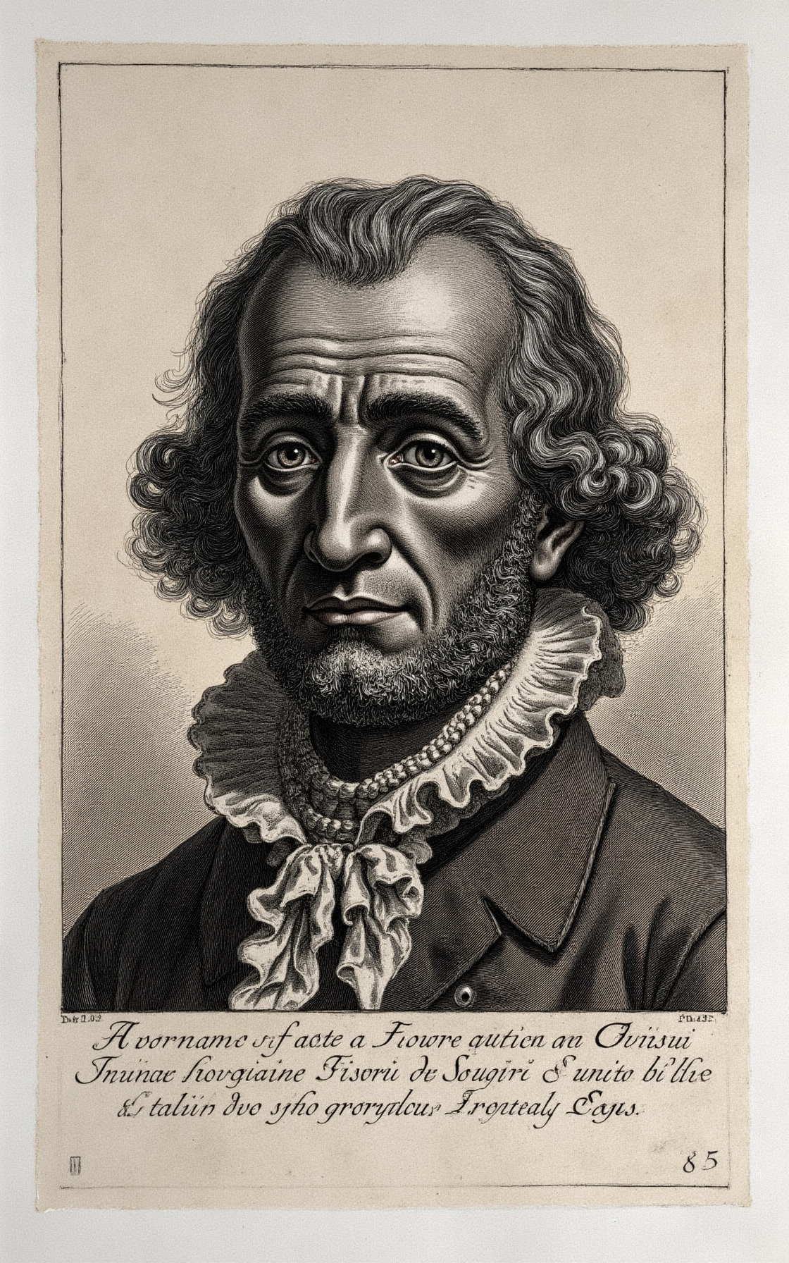 YFG-Pira, Generate a detailed etching-style image of a middle-aged man with a worn, gaunt face and sunken eyes, dressed in 18th-century attire with a crumpled lace ruff, set against a subtle, creamy paper texture with rough-edged lines and heavy cross-hatching, viewed from a slightly overhead angle to emphasize the subject's weary expression.