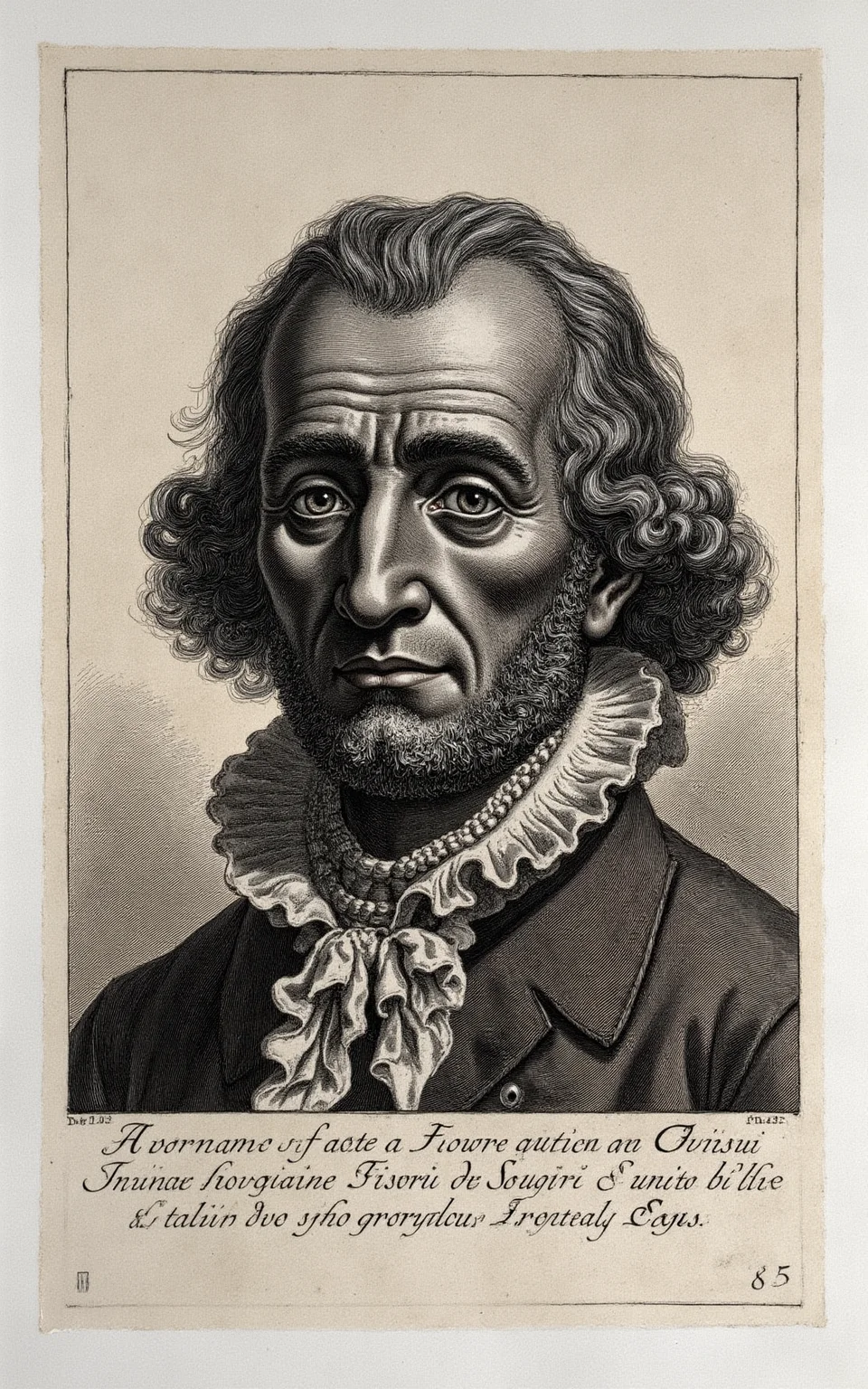YFG-Pira, Generate a detailed etching-style image of a middle-aged man with a worn, gaunt face and sunken eyes, dressed in 18th-century attire with a crumpled lace ruff, set against a subtle, creamy paper texture with rough-edged lines and heavy cross-hatching, viewed from a slightly overhead angle to emphasize the subject's weary expression.