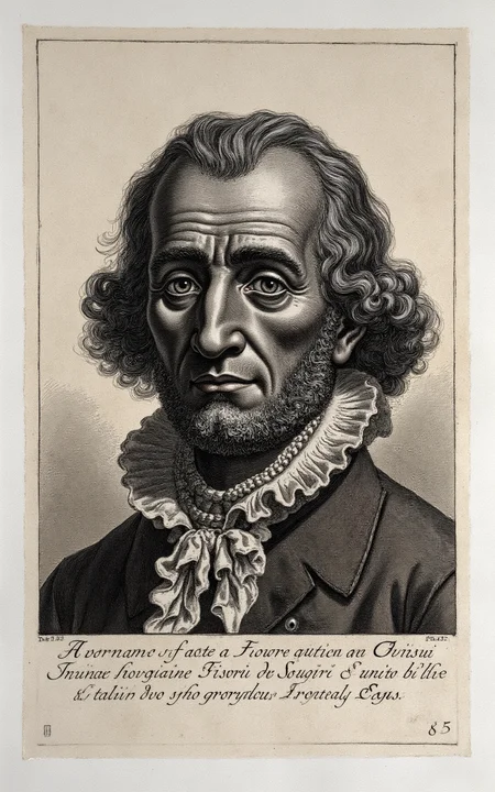 YFG-Pira, Generate a detailed etching-style image of a middle-aged man with a worn, gaunt face and sunken eyes, dressed in 18th-century attire with a crumpled lace ruff, set against a subtle, creamy paper texture with rough-edged lines and heavy cross-hatching, viewed from a slightly overhead angle to emphasize the subject's weary expression.
