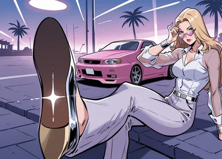 1girl, solo, detailed face, detailed eyes, Dazzler, blue eyes, blonde hair, long hair, thick thighs, medium breasts, toned female, collarbone,
BREAK
see-through shirt, white buttoned shirt, collared shirt, long sleeves, see-through sleeves, white undershirt, glint, (star-shaped eyewear, pink-tinted eyewear), hoop earrings, silver bracelets, belt, high-waist pants, white dress pants, silver stiletto heels, pink lips, lipstick,
BREAK
dynamic pose, sitting, on car, on car hood, looking over eyewear, adjusting eyewear, sideways glance, looking at viewer,
BREAK
Outdoors, 80s, pink car, motor vehicle, sports car, (nissan skyline:1.4), (car out of frame:0.9), miami vice city, art deco neon hotels, palm trees, pink and teal sunset, urban environment, detailed background,
BREAK
(safe_pos, fine texture, masterpiece, ultra-detailed, very aesthetic, absurdres, volumetric lighting, scenery, newest, absolutely eye-catching, rating_explicit),
BREAK.