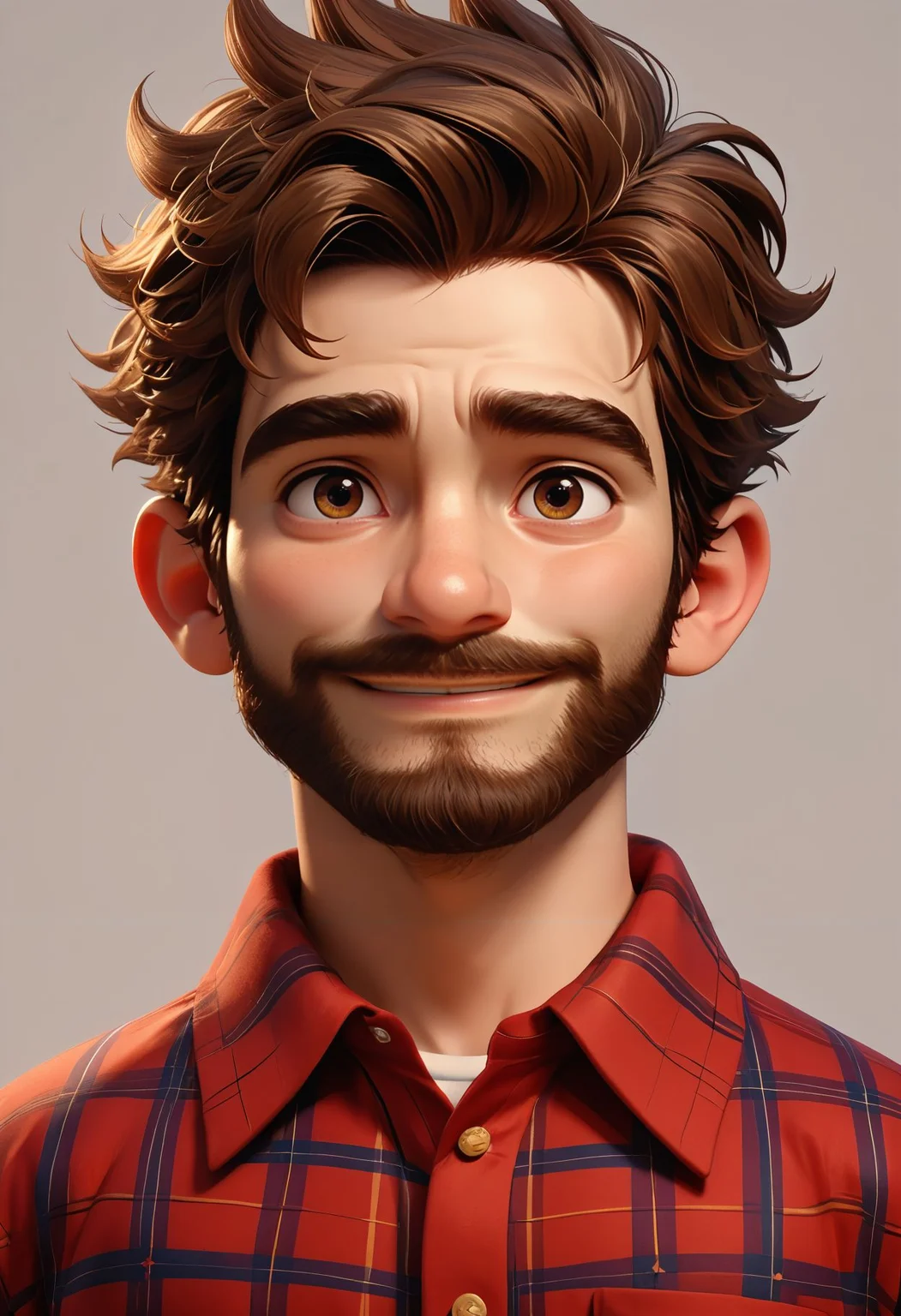 score_9,score_8_up,score_7_up,  <lora:3d_render_pdxl_goofy:1>3d render, 1boy, male focus, facial hair, beard, red shirt, looking at viewer, smile, short hair, brown hair, brown eyes, portrait, thick eyebrows,young male, grey background, plaid, simple background