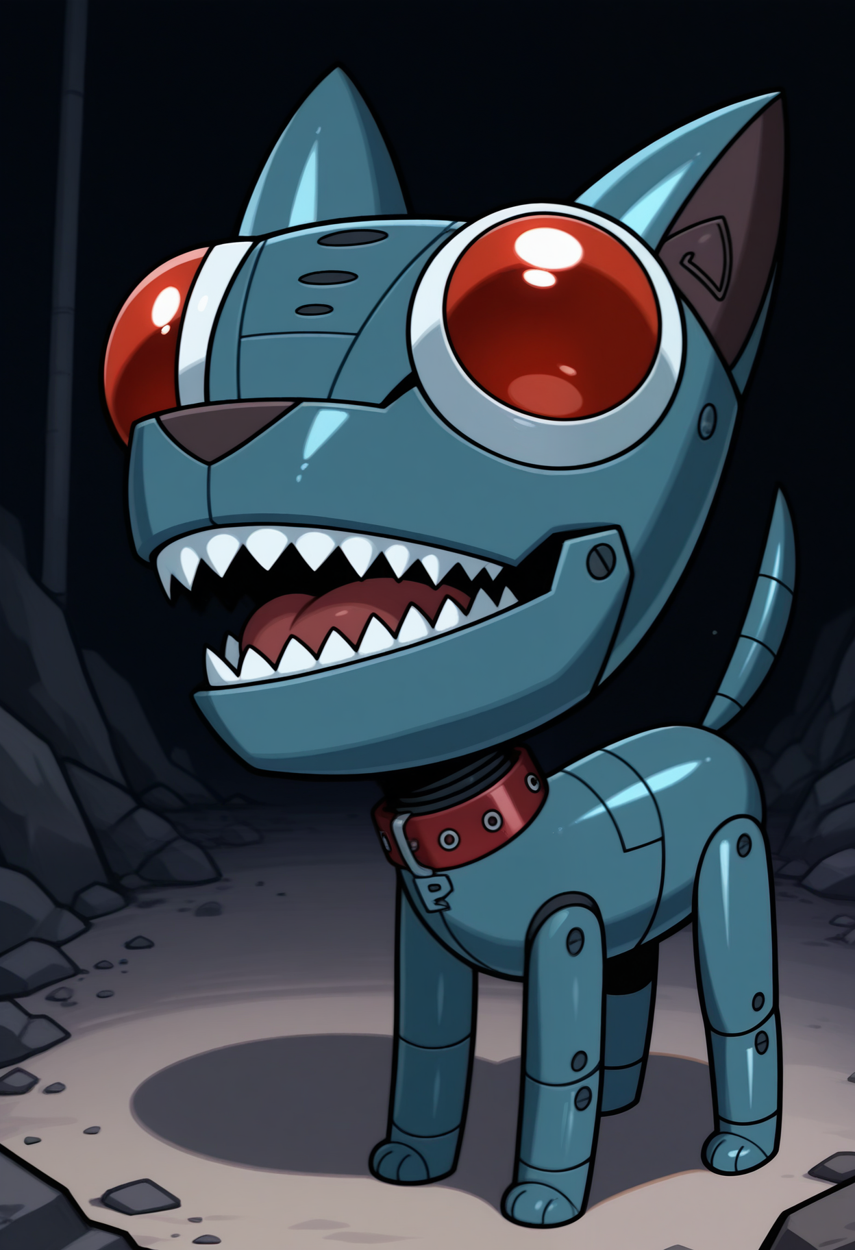 masterpiece,best quality,amazing quality, 1boy, solo, 3nr1qu3, robot dog,  feral, red eyes, red collar, mechanical tail, very big eyes, sharp teeth,