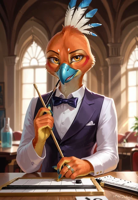 Artistic style, furry, anthro, First person POV: Your elegant avian hands (covered in iridescent feathers hinting at peacock) gently pluck the strings of a large Tanpura. Focus on the strings, the decorated resonator, and your feathered fingers adorned with delicate gold rings. Blurred background: Softly lit music room with traditional carpets, hint of draped fabric. Style: Artistic focus, detailed instrument and feathers, tranquil atmosphere, cultural immersion, soft lighting.