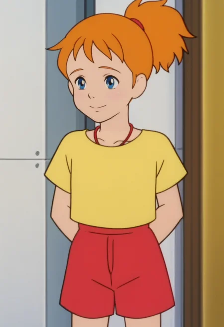 source_anime,anime screencap, anime coloring,intricate details,rating_safe, masterpiece, best quality,
(best quality, absurd res, ultra detailed),,(4 finger:0.5),1girl, ((solo)), good eyes,perfect eyes,,detailed eyes, zPDXLxxx , zPDXL3,detailed, detailed face
BREAK
solo,simple background,standing, front view, hands behind back, smile,
Nanami, orange hair, ponytail, blue eyes, yellow shirt, short sleeves, red shorts, necklace,
, <lora:add-detail-xl:2> <lora:Nanami_Simpson:0.8>