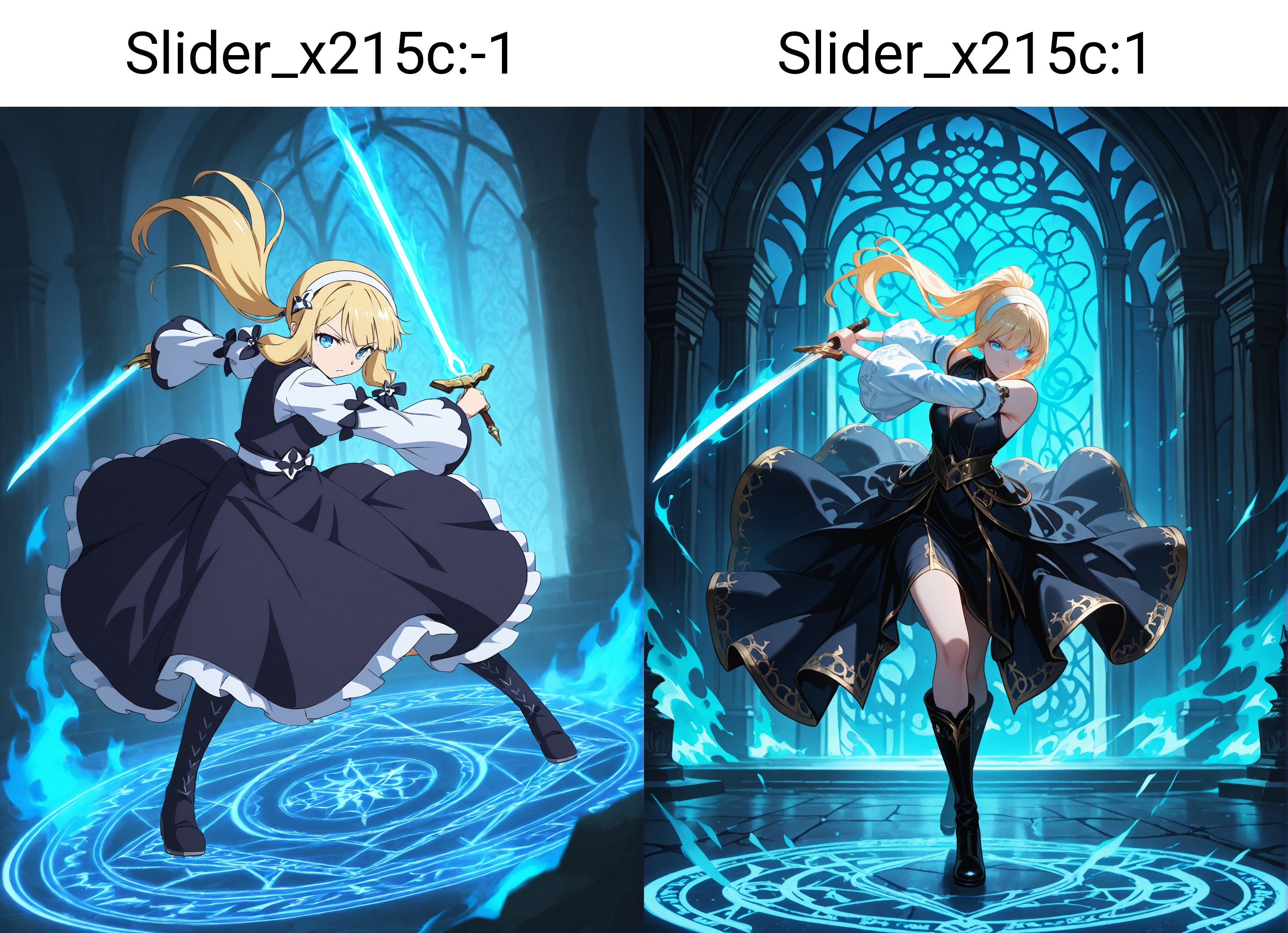 1girl, 
blonde hair, blue eyes, long hair, ponytail, white hairband, black dress, white sleeves, black boots, holding sword, glowing sword, blue glow, fantasy, dynamic pose, action, determined expression, detailed background, ornate architecture, blue lighting, ethereal, high contrast, intricate design, dramatic lighting, fantasy setting, intense atmosphere, anime style, detailed shading, flowing dress, powerful stance, glowing weapon, intricate patterns, fantasy world, epic scene illustrious style, weapon, blue fire, looking at viewer, glowing, dress, fire, magic circle, holding, holding weapon, flaming sword, boots, sword, hairband, glowing eye,
 <lora:hinaIDidSurgeryAlongSlider_x215c:-1>