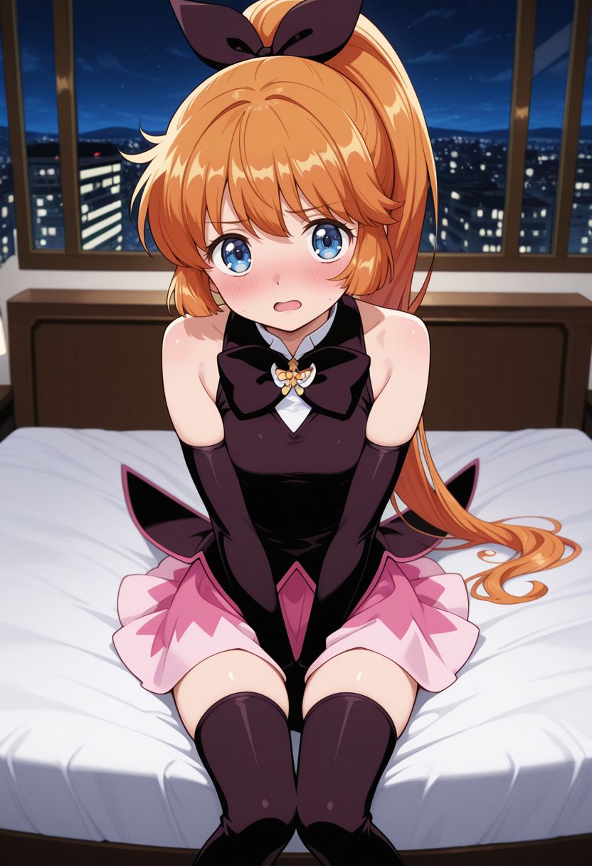 1girl,solo,<lora:Saint_Tail:1>,long hair,orange hair,elbow gloves,blue eyes,magical girl,black gloves,sleeveless,bowtie,hair ribbon,hair bow,pink skirt,brooch,high ponytail,black bow,thigh boots,black footwear,
sitting on bed,looking at viewer,shame,blush,open mouth,hotel bedroom,night,hands_on_lap,covering_crotch,
masterpiece,best quality,amazing quality,