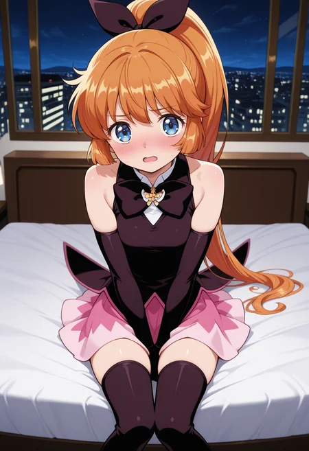 1girl,solo,<lora:Saint_Tail:1>,long hair,orange hair,elbow gloves,blue eyes,magical girl,black gloves,sleeveless,bowtie,hair ribbon,hair bow,pink skirt,brooch,high ponytail,black bow,thigh boots,black footwear,
sitting on bed,looking at viewer,shame,blush,open mouth,hotel bedroom,night,hands_on_lap,covering_crotch,
masterpiece,best quality,amazing quality,