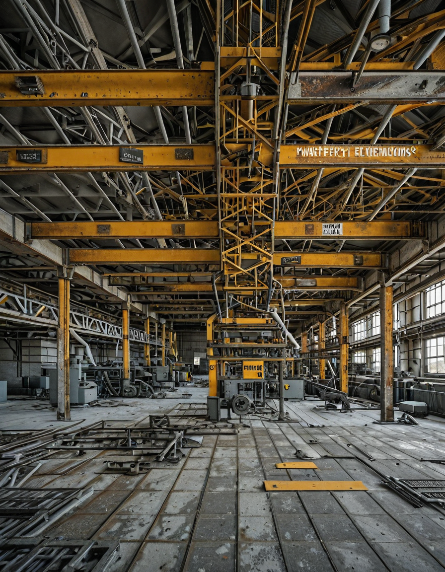 <lora:City_Worlds_02_Lost_Indusinc:1> photo, cw02lost, indoors, warehouse, industrial, crane, yellow, capacity sign, steel beams, grunge, rust, factory, mechanical, lift system, high ceiling, structure, engineering, girders, abandoned, metal, pulley, framework, large windows