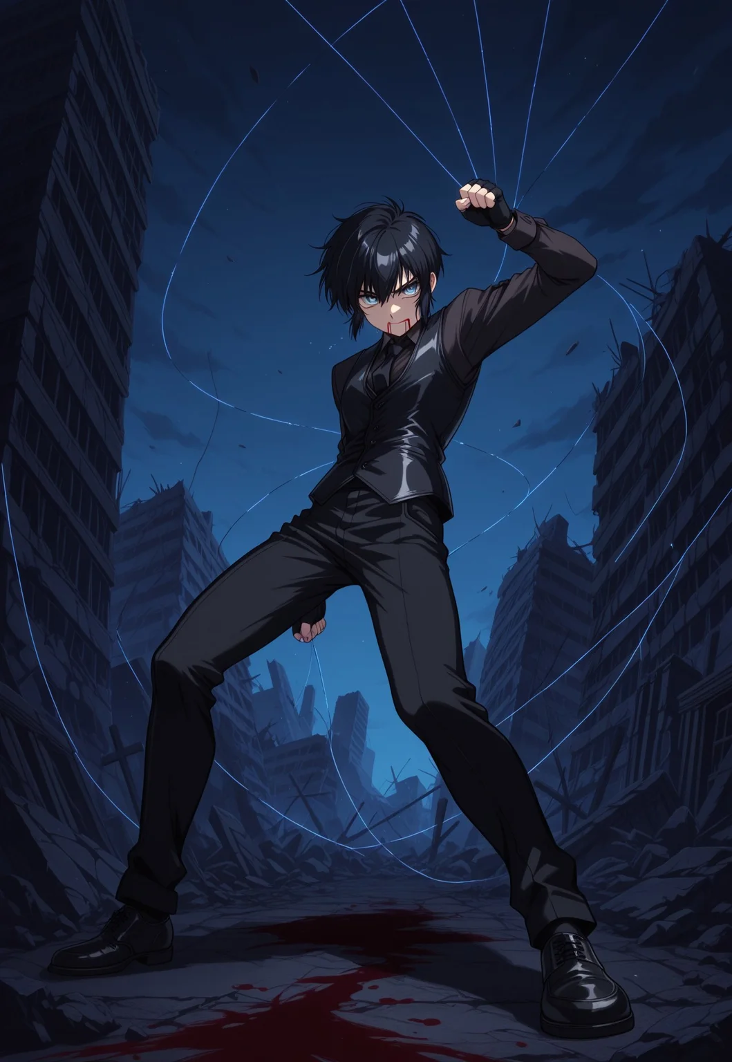safe_pos, score_9, score_8_up, score_7_up, masterpiece, best quality, YoungWalter, solo, 1boy, male focus, black hair, short hair, blue eyes, black shirt, black necktie, black vest, black gloves, fingerless gloves, black pants, black shoes, full body, angry, blood from mouth, nosebleed, dynamic pose, thread, string, garrote, blood on floor, perspective, ruins, night