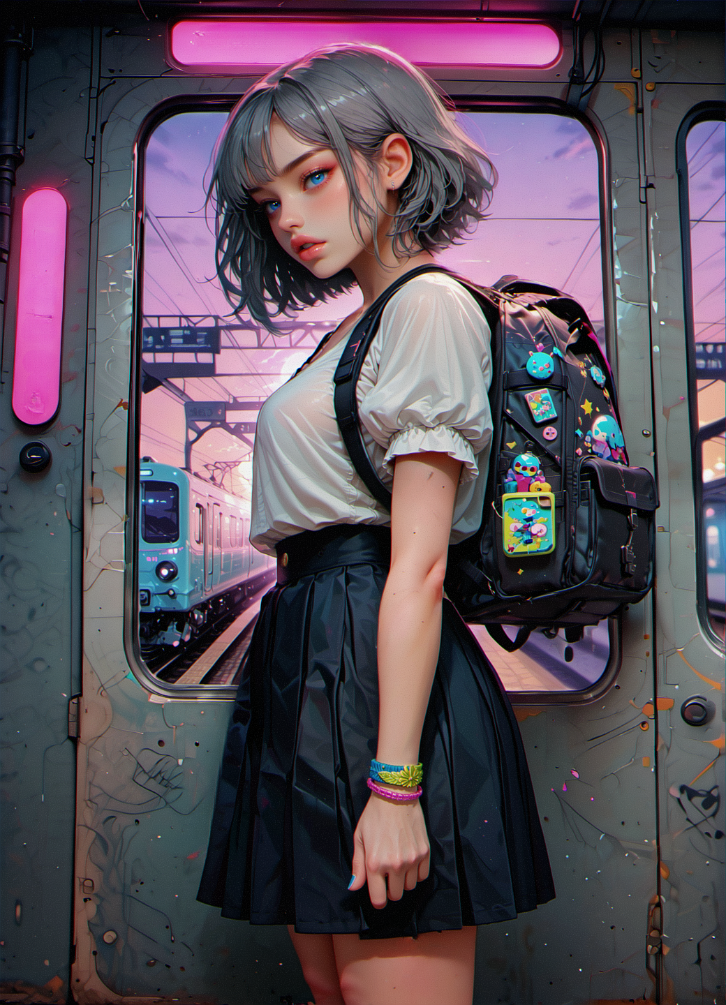 masterpiece, best quality, amazing quality, very aesthetic
digital art, side view, half-turn, corner angle
grey hair, black eyes, white shirt with puffy sleeves, black skirt, backpack on back, stickers on backpack, tiny wrist bracelet
standing inside train, in front of train window, foreshortening, asymmetric pose
indoor, train, scratches scuffs on walls, stick tags, marker tags, scribbles, artificial light
in the style of ck-rw, in the style of cksc, g0th1c, glowing, neon lights, mythp0rt <lora:ck-neon-retrowave-IL-000012:0.8> <lora:ck-shadow-circuit-IL-000012:0.8> <lora:g0th1c2XLP:0.4> <lora:ILLMythP0rtr4itStyle:0.6>