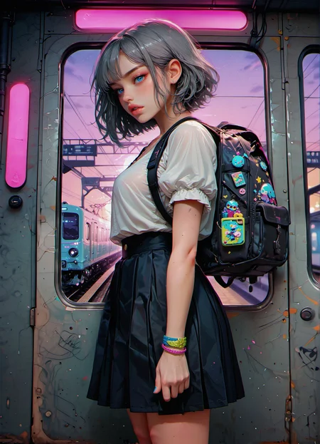 masterpiece, best quality, amazing quality, very aesthetic
digital art, side view, half-turn, corner angle
grey hair, black eyes, white shirt with puffy sleeves, black skirt, backpack on back, stickers on backpack, tiny wrist bracelet
standing inside train, in front of train window, foreshortening, asymmetric pose
indoor, train, scratches scuffs on walls, stick tags, marker tags, scribbles, artificial light
in the style of ck-rw, in the style of cksc, g0th1c, glowing, neon lights, mythp0rt <lora:ck-neon-retrowave-IL-000012:0.8> <lora:ck-shadow-circuit-IL-000012:0.8> <lora:g0th1c2XLP:0.4> <lora:ILLMythP0rtr4itStyle:0.6>