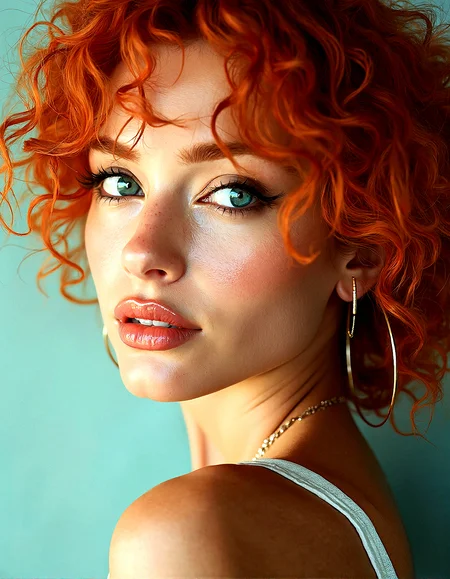 An upper body image of a woman with curly orange hair, aqua eyes, and bold eyeliner. She has thick eyebrows and long eyelashes, and her lips are shiny and full. She wears a subtle necklace and a small hoop earring. The extreme realism focuses on her detailed skin, showing fine textures and natural highlights.
Subtle skin pores and natural texture on the face and neck, Realistic light reflections on the surface of the eyes, Slightly raised veins visible under the skin on the neck, Subtle veins visible on the eyelids under certain lighting, Realistic reflection of light on the glossy lips, following their curvature, Soft reflections on the necklace, enhancing its metallic look
Standing with her back to the camera, head turned slightly, looking back over her shoulder