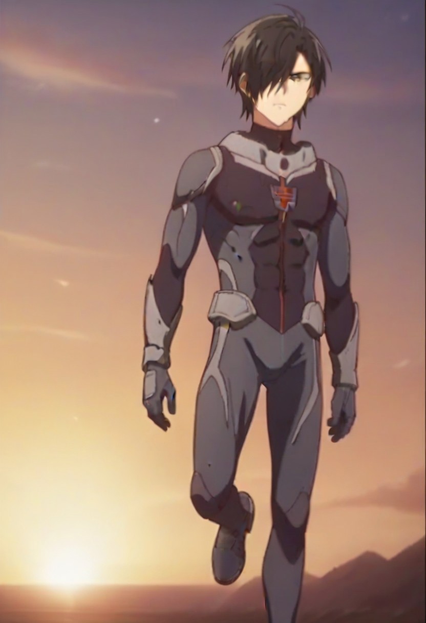 ((masterpiece)), ((best quality)), ((ultra-detailed)), ((absurdres)), score_9_up, score_8_up, score_7_up,
HD, top quality, best quality, amazing quality, High-quality illustrations, anime screencap, source_anime, best aesthetic, perfect proportions, perfect eyes, 1boy, 1male, solo boy, solo male, male focus, solo male focus, Anime, boy, male anime character, anime boy, handsome, cute, charming, Ulgar Zweig, black hair, hair over one eye, gray eye, ((gray bodysuit)), ((toned body, lean body)), ((full body shot, head to feet shot)), ((front shot, front view, facing front)), ((sunset)), easynegative, updn, Expressiveh, masterpiece, best quality, very aesthetic, absurdres