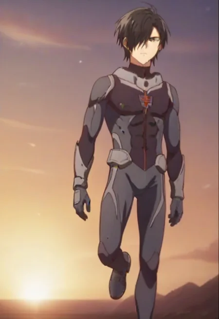 ((masterpiece)), ((best quality)), ((ultra-detailed)), ((absurdres)), score_9_up, score_8_up, score_7_up,
HD, top quality, best quality, amazing quality, High-quality illustrations, anime screencap, source_anime, best aesthetic, perfect proportions, perfect eyes, 1boy, 1male, solo boy, solo male, male focus, solo male focus, Anime, boy, male anime character, anime boy, handsome, cute, charming, Ulgar Zweig, black hair, hair over one eye, gray eye, ((gray bodysuit)), ((toned body, lean body)), ((full body shot, head to feet shot)), ((front shot, front view, facing front)), ((sunset)), easynegative, updn, Expressiveh, masterpiece, best quality, very aesthetic, absurdres