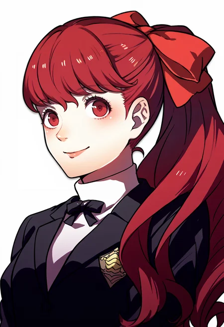 score_9, score_8_up, score_7_up, source_anime, 1girl, smile, <lora:zs_FE3HPortraitsXL:1> fe3hportraits, upper body, white background, <lora:KasumiP5-pdxl:1> defSumi, long hair, ponytail, red hair bow, school uniform, black blazer, white turtleneck, bowtie