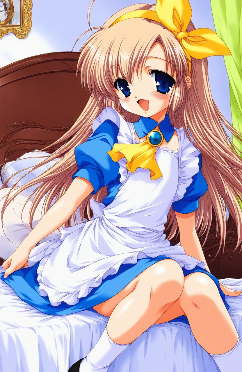 score_9, score_8_up, score_7_up, source_anime, rating_explicit, BREAK <lora:Mizuki_Shiori_XL:1>Mizuki_Shiori, blue eyes, flat chest, brown hair, short stack, happy,
long hair, blue eyes,  hairband, blonde hair, dress, blush, apron, brooch, alice (alice in wonderland), jewelry, Yellow ribbon,  ascot, hair ribbon, short sleeves,
bed room, curtain,