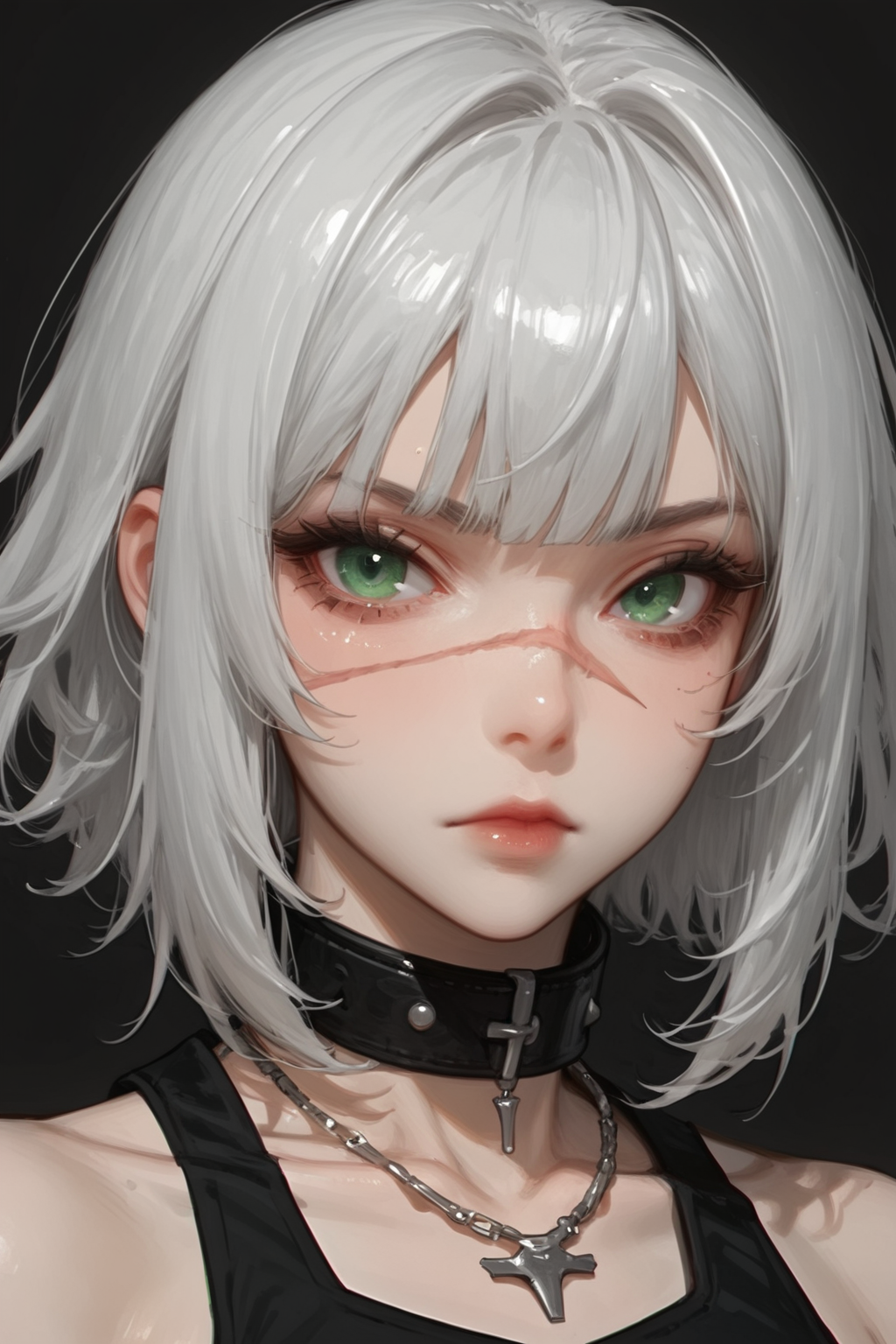1girl, 1girl,solo,looking at viewer, short hair, bangs, simple background, bare shoulders, jewelry, ,closed mouth, green eyes, white hair, grey hair, medium hair, necklace, collar, scar, black background, portrait,, scar on face, scar across eye, covered collarbone
 <lora:re--mix50:1>