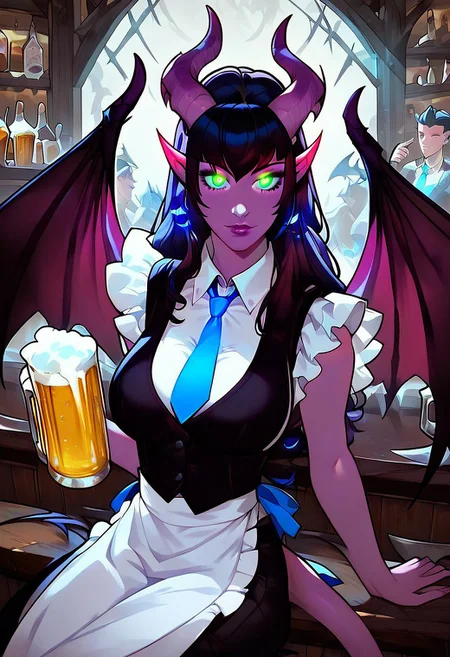 score_9, score_8_up, score_7_up, smooth style, 1girl, beautiful, purple tiefling, large breasts, large demon wings, perfect face, perfect eyes, sexy, beautiful eyes, perfect cute face, cute nose, Nose bridge, masterpiece, best quality, godrays, green pupils, glowing, glowing eyes, extra detailed, high res, apron, bartender, black vest, blue necktie, blue ribbon, collared shirt, sitting at the bar, beer,
