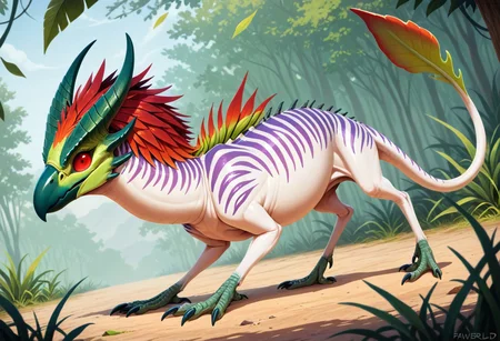 masterpiece, best quality, amazing quality, highres, absurdres, ((short stature, tiny legs, very short legs, thin legs, no neck, fat body, body low to ground, rodent physique)), Gaula, plant monster, small, horns, spine, red eyes, scales, claws, beak, gradient hair, white skin, variegated skin, purple stripes, green beak, sharp beak, tail, claws, leaf mane along back, red eyes, red mane, flowerbud-tipped tail, 4 legs, quadruped, claws,
Variety,
Dutch angle, close up, depth of field,