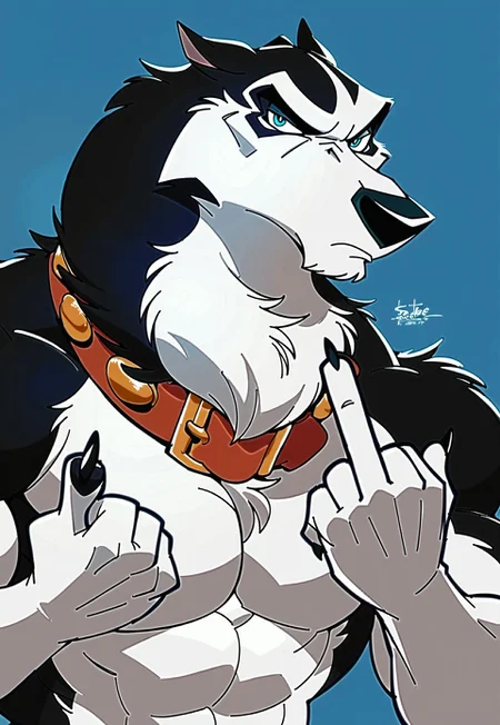 score_9, score_8_up, score_7_up, score_6_up, score_5_up, score_4_up, source_furry, hi res, concept art, blue background, solo, (Steele), Alaskan Malamute, Collar, Blue Eyes, looking at viewer, looking annoyed, middle finger, anthro, male, muscular, beefy, barazoku, black claws