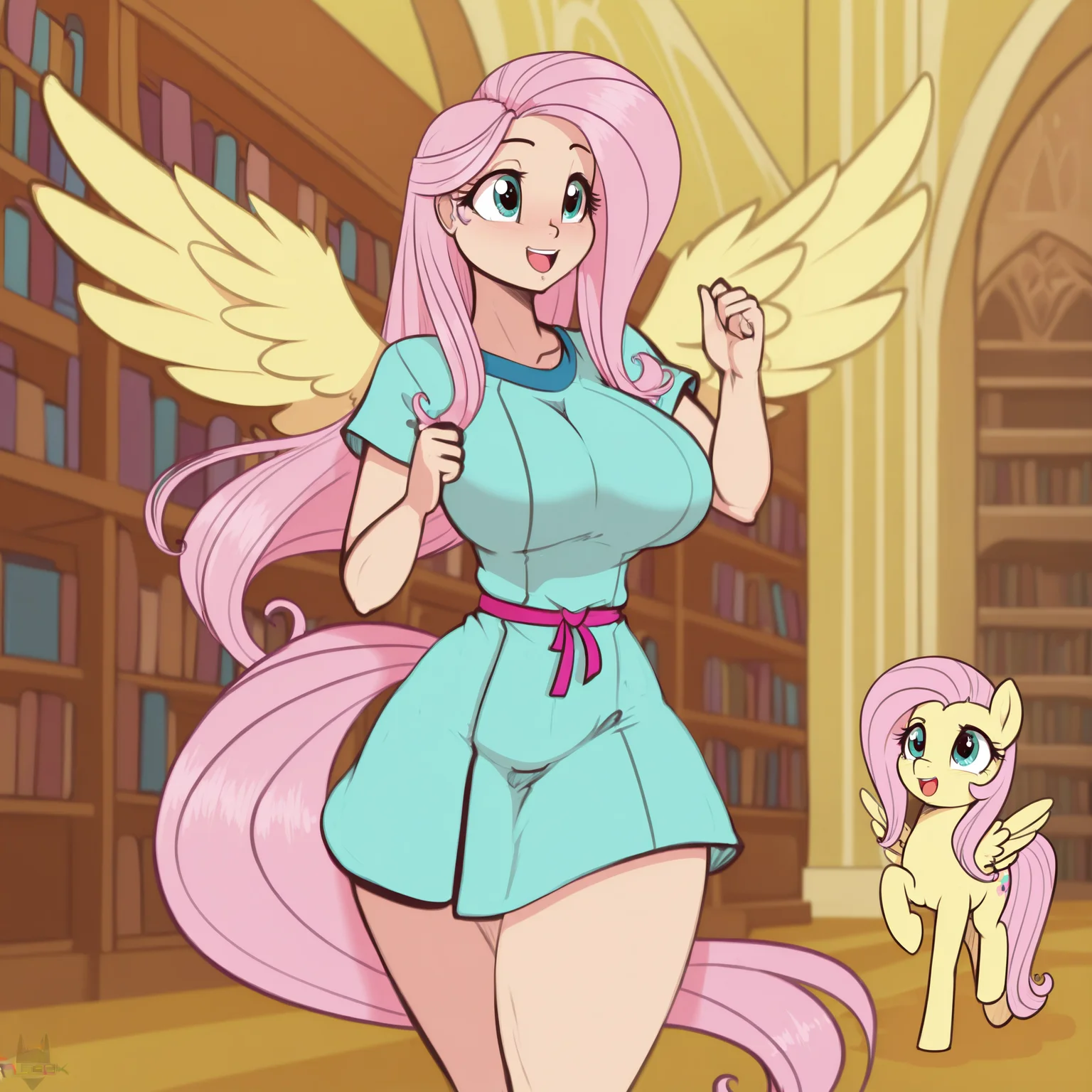 <lora:Scorpdk_Style_Illustrious:0.7> scorpdk, masterpiece, best quality, absurd res, hi res, my little pony, friendship is magic, equestria girls, fluttershy, humanized, pegasus, feathered wings, wings, large breasts, wide hips, at golden oaks library, running, three-quarter portrait, cowboy shot, :d , detailed background, clothed, clothing