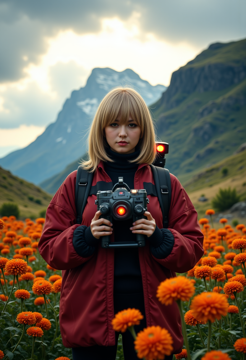 She is approximately 18 years old, dynamic angles,photoshoot poses, TShe is standing  in a field of flowers, on a perfect lush beaautiful planet, a massive mountain is visible in the background. The woman has shoulder-length blonde hair and is looking directly at the camera with a serious expression on her face. She has a futuristic backpack on her back, it's glowing.  she is wearing red and black coat, black shirt, and black pants. The sky is dark and cloudy, with a bright light shining down on the woman. she is firing her laser gun at an unseen enemy, The overall mood of the image is intense and dramatic,RAW candid cinema,16mm,color graded portra 400 film,remarkable color,ultra realistic,textured skin,remarkable detailed pupils,realistic dull skin noise,visible skin detail,skin fuzz,dry skin,shot with cinematic camera,detailed skin texture,(blush:0.2),(goosebumps:0.3),subsurface scattering,beautiful photograph in the style of Augustus John,Sergio Toppi,Virginia Frances Sterrett,8k HD,detailed skin texture,ultra realistic,textured skin,analog raw photo,cinematic grain,whimsical.perfection style,aidmareduxstyle, she is smiling, smiling