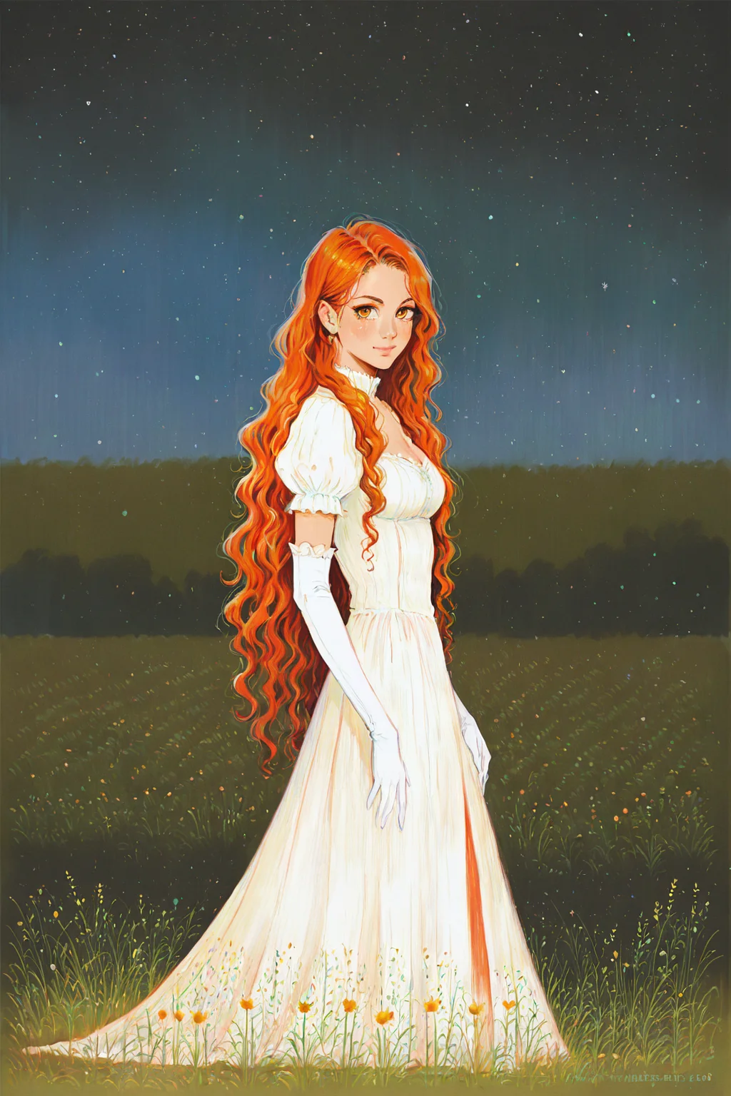 score_9, score_8_up, score_7_up, rating_safe, painterly, faux traditional media, realistic, 1girl, solo, long hair, curly hair, wavy hair, orange hair, orange eyes, looking at viewer, breasts, dress, white dress, puffy sleeves, puffy short sleeves, short sleeves, gloves, elbow gloves, white gloves, cowboy shot, closed mouth, standing, outdoors, field, flower, grass, plant, sky, <lora:ahad:1>