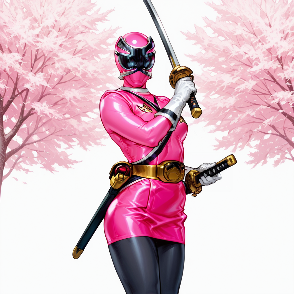 masterpiece, best quality, very aesthetic, absurdres,samurai_sentai_shinkenger, anime,
BREAK 1_girl, solo, shinken_pink(pink bodysuit, pink miniskirt, uniform,  white gloves, black pantyhose, ), shinken, holding sword, action pose, sakura tree background,<lora:AKinuNishimura_Style:1.0>, <lora:Smooth_Booster_v2:0.6>, good hand, <lora:Power_ranger_samurai__Illustrious:1>