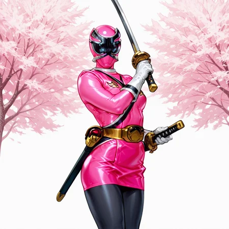 masterpiece, best quality, very aesthetic, absurdres,samurai_sentai_shinkenger, anime,
BREAK 1_girl, solo, shinken_pink(pink bodysuit, pink miniskirt, uniform, white gloves, black pantyhose, ), shinken, holding sword, action pose, sakura tree background,<lora:AKinuNishimura_Style:1.0>, <lora:Smooth_Booster_v2:0.6>, good hand, <lora:Power_ranger_samurai__Illustrious:1>
