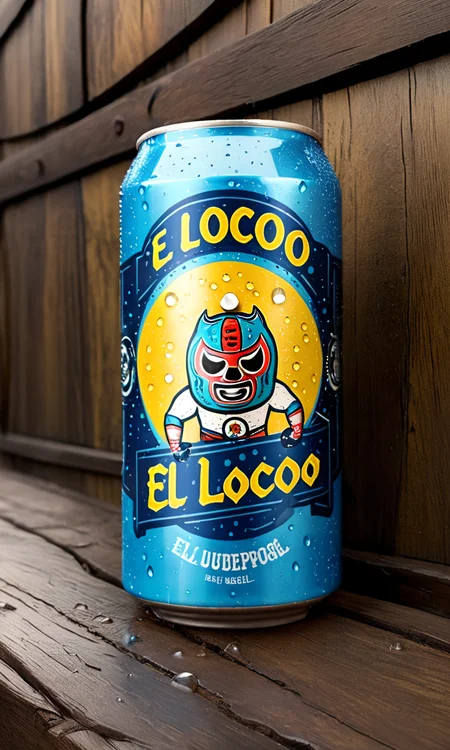 <lora:bevlabsdxl:0.9>,a beer can with a luchador , text " El Loco", bevlabsdxl,  best quality, masterpiece, water droplets, logo, fancy beer,