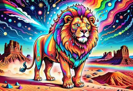 A huge incredible lion is walking along the mukticolorful psychedelic desert. the lion's mane shimmers with all the colors of the rainbow. it feels like a lion is burning with a multicolored flame. background: ((black night)) with rare large stars. the inscription on the picture: "Graógramán", addotional tail