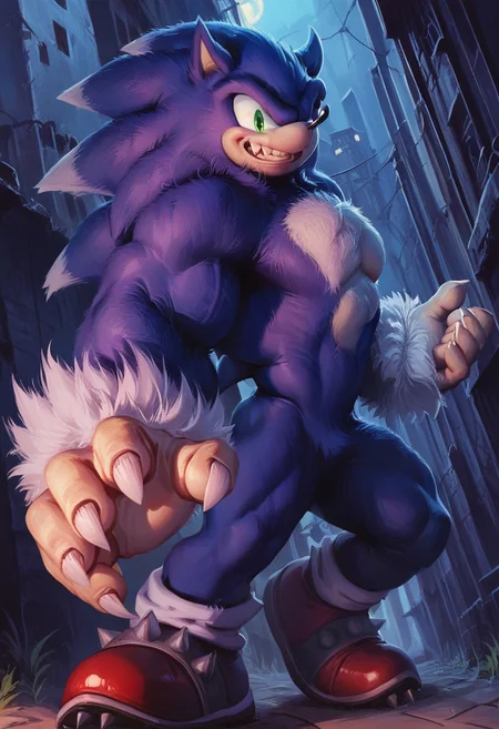 score_9, score_8_up, score_7_up, male, Sonic_W, Green eyes, fangs, claws, fur, big eyes, big hands, red sneakers, spikes on shoes, White fur on chest, source_anime, 1boy, solo, muscular:1.3, hands, happy face, smile, (((dutch angle, posing, from below, looking at viewer)))
BREAK
city, ruins, back alley, outside, night,