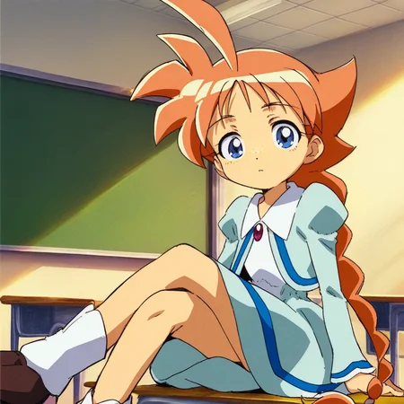 score_9, solo, ahiru, orange hair, ahoge, braid, blue eyes, dress, crossed legs, sitting, classroom, looking at viewer