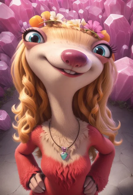 furry, anthro, female sloth, ground sloth, blue eyes, blonde hair, long wavy hair, red fur, red fur dress, blonde fur on upper body, two-toned fur, pink nose, buckteeth, hair ornament, white claws, no ear, score_9, score_8_up, score_7_up, BREAK, 1girl, solo, looking at viewer, closed mouth, cute, from above, hands on hips, head tilt, female focus, looking at viewer, pink crystal background, detailed background, 4k, masterpiece, best quality, highly detailed, realistic, cowboy shot