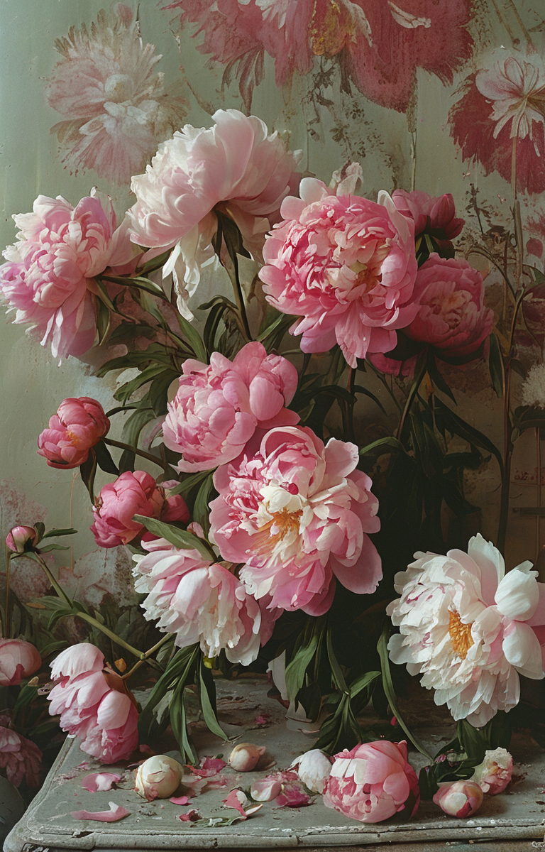 masterpiece,best quality,<lora:tbh157-sdxl:1>,illustration,style of  Larry Sultan, decaying peonies