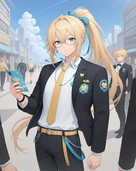 masterpiece,best quality,amazing quality, newest, very aesthetic, absurdres,
1boy, solo, yaoi, male focus, looking at viewer, cowboy shot, standing,
<lora:Grandiel_Commentator_ilxl:1> grandielcommentator, blonde hair, blue eyes, glasses, high ponytail, black-framed eyewear, hair between eyes, sidelocks, hair intakes,
formal, tuxedo, neck ribbon, white shirt, collared shirt, black pants, shoes, black footwear, suit jacket, black jacket,
outdoors, day, blue sky, building, people,